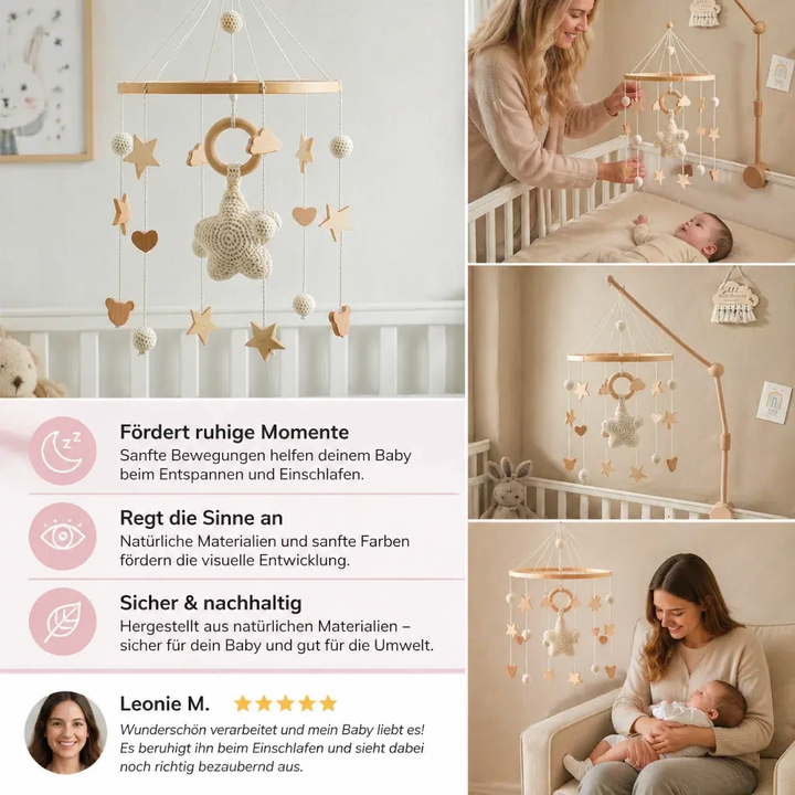 Beruhigendes Baby-Mobile aus Holz & Häkel als Einschlafhilfe für Neugeborene. Süße Kinderzimmerdeko.