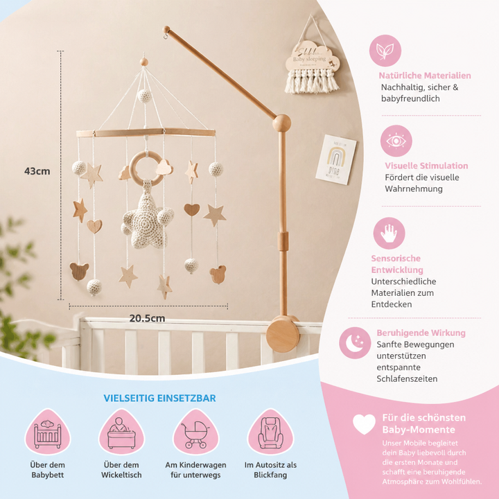 Holz & Häkel Baby-Mobile über Babybett. Fördert visuelle Entwicklung & beruhigt Neugeborene. Ideale Einschlafhilfe.