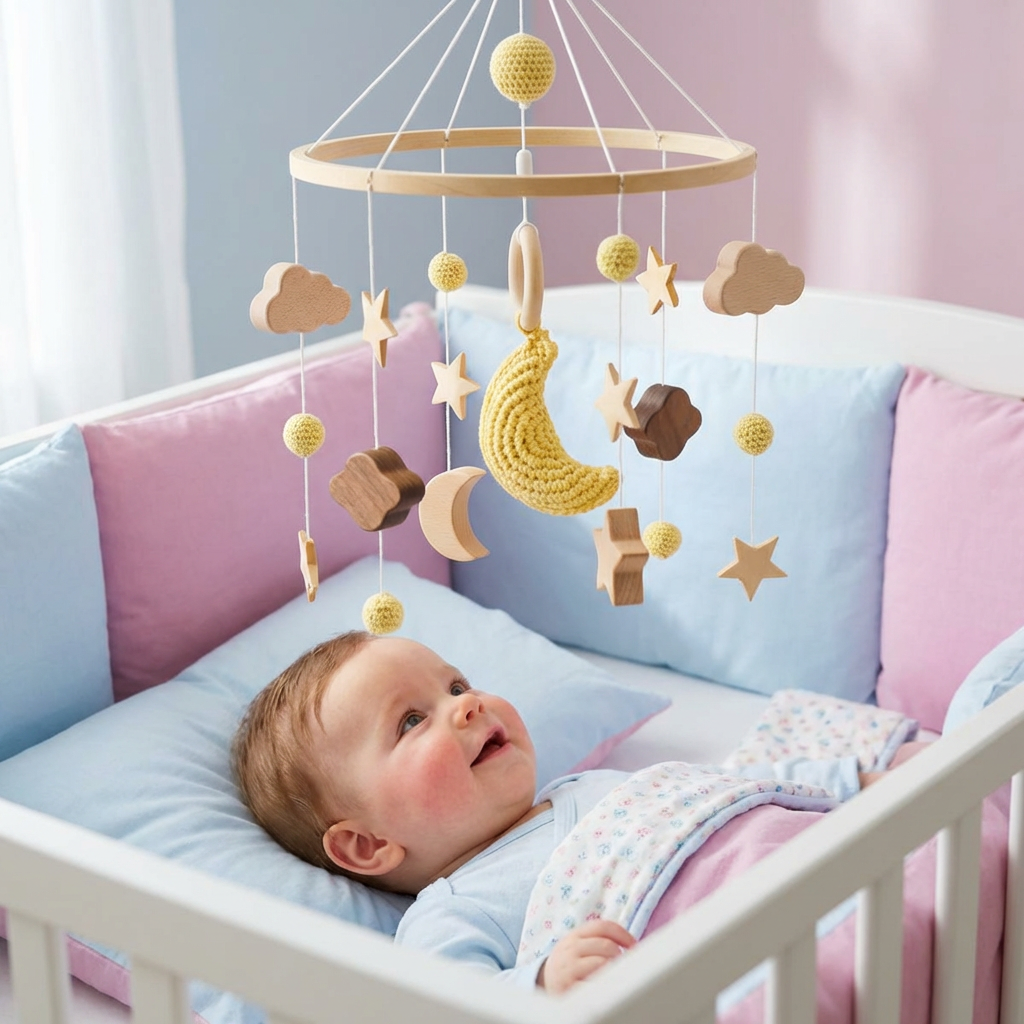 Baby-Mobile aus Holz und Häkel. Beruhigendes Bettspielzeug für Neugeborene. Schöne Kinderzimmerdeko.