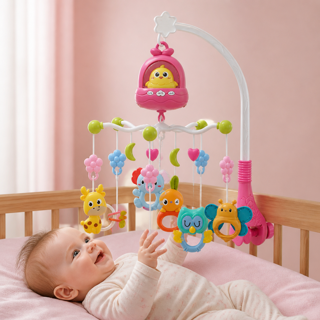 Baby Mobile mit sanfter Musik & beruhigendem Licht für Babybett & Wickeltisch.
