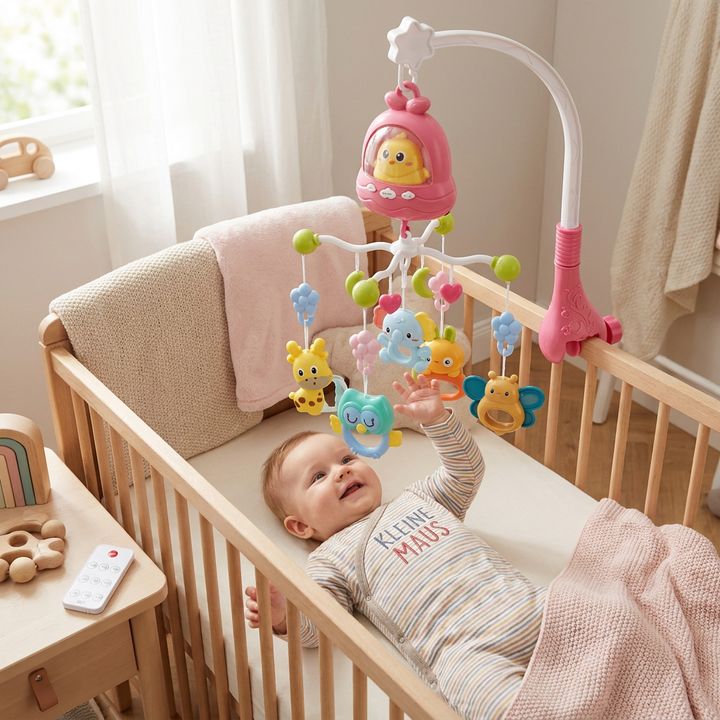 Premium Baby Mobile mit sanfter Musik & dimmbarem Licht, ideal für Neugeborene im Bett.