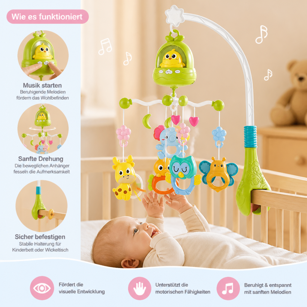 Hochwertiges Baby Mobile mit Lichtprojektor & Melodien zur Beruhigung von Neugeborenen.