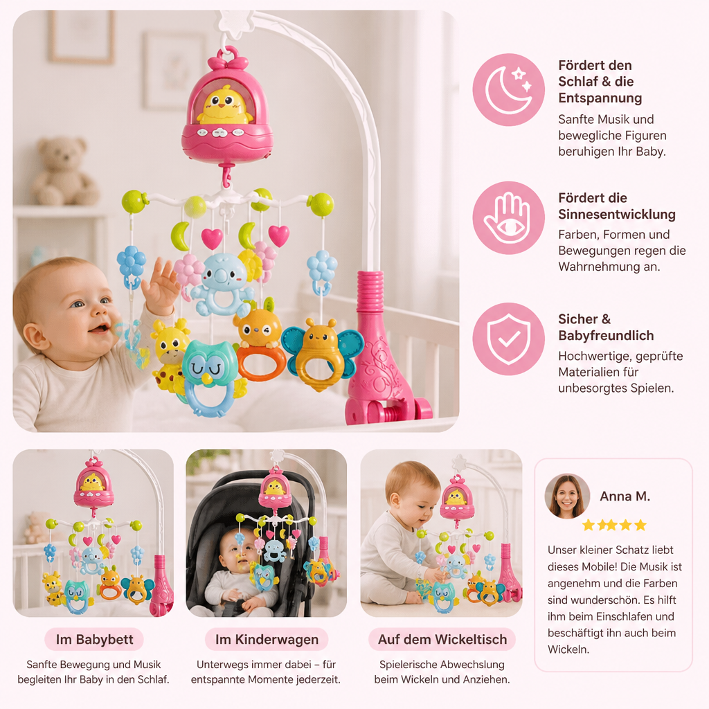 Entwicklungsförderndes Baby Mobile mit Musik, Licht & niedlichen Figuren fürs Kinderzimmer.