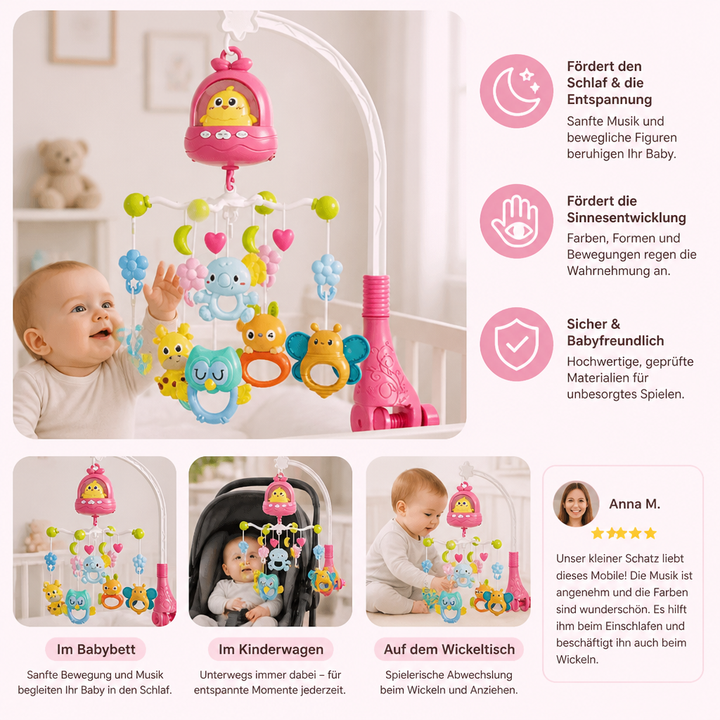 Entwicklungsförderndes Baby Mobile mit Musik, Licht & niedlichen Figuren fürs Kinderzimmer.