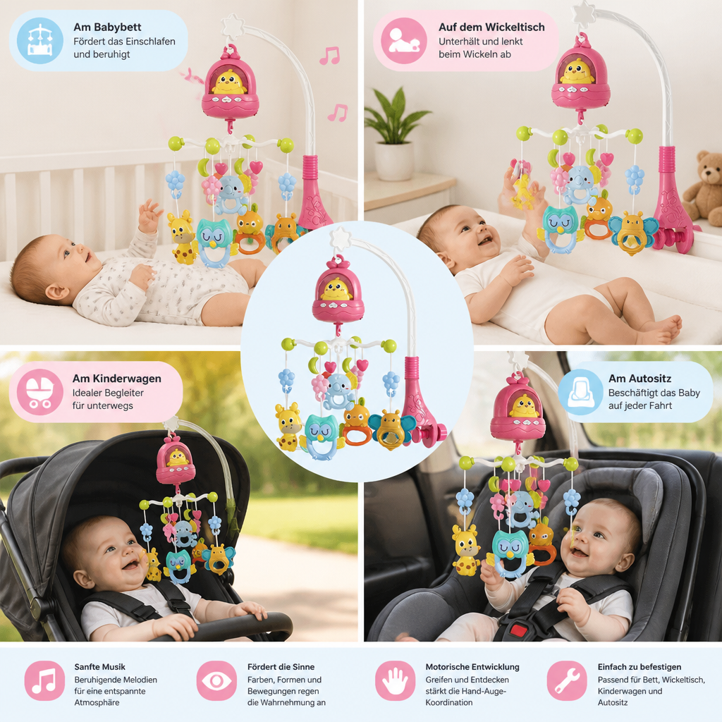 Sanftes Baby Mobile mit Schlafliedern & Lichtern, ideal als Babygeschenk zur Beruhigung.