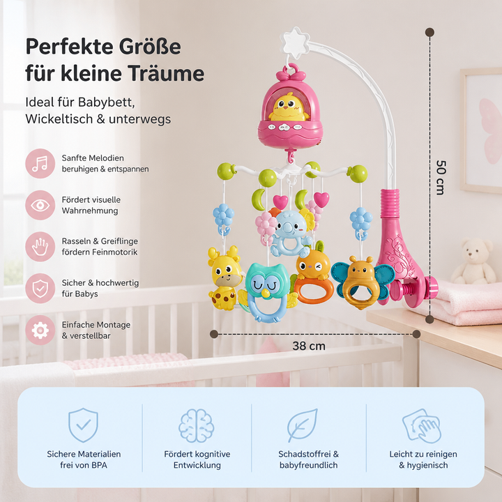 Baby Mobile Spielzeug mit Musik, Lichteffekten & hängenden Tierchen für Babys.