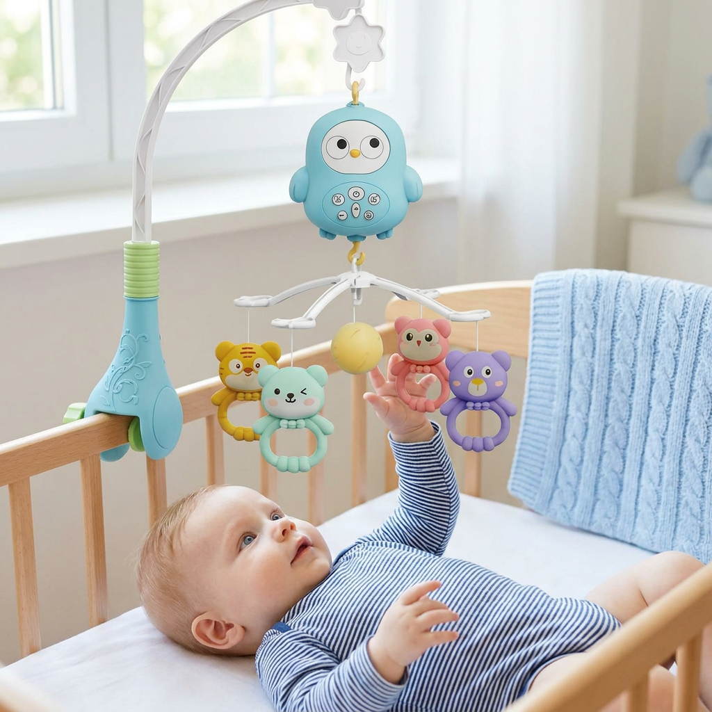 Modernes Baby Mobile mit leuchtenden Sternen & Melodien für süße Träume am Babybett.