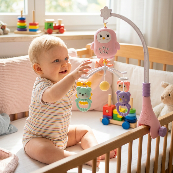 Beruhigendes Baby Mobile mit Musik, Nachtlicht & rotierenden Figuren für entspannte Babys.