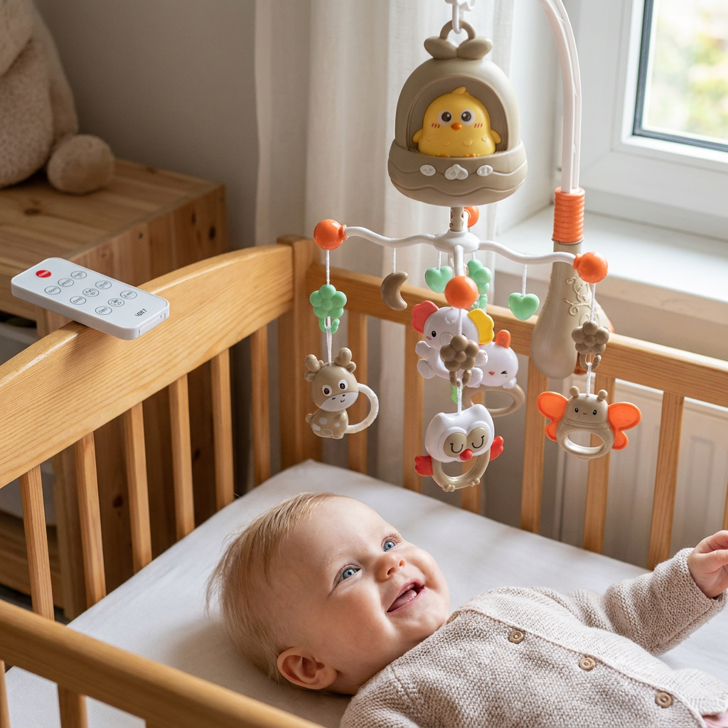 Interaktives Baby Mobile mit Licht, Musik & verschiedenen Spielmodi zur Unterhaltung.