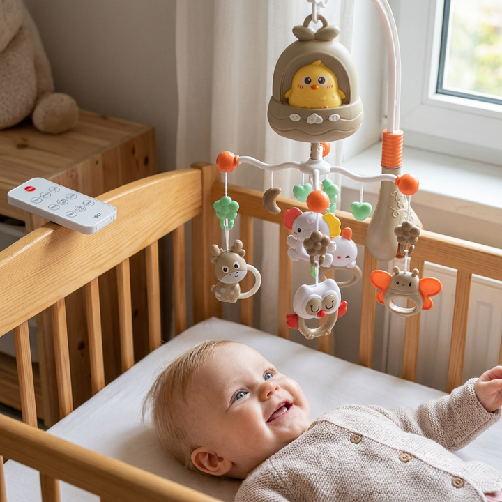 Interaktives Baby Mobile mit Licht, Musik & verschiedenen Spielmodi zur Unterhaltung.