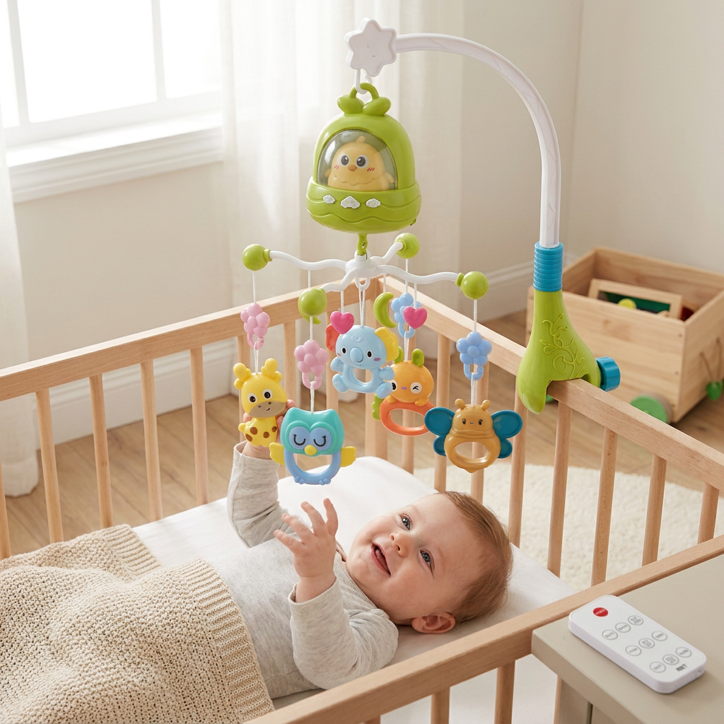 Vielseitiges Baby Mobile mit Lichtprojektion & Schlafliedern, perfekt für ruhige Momente.