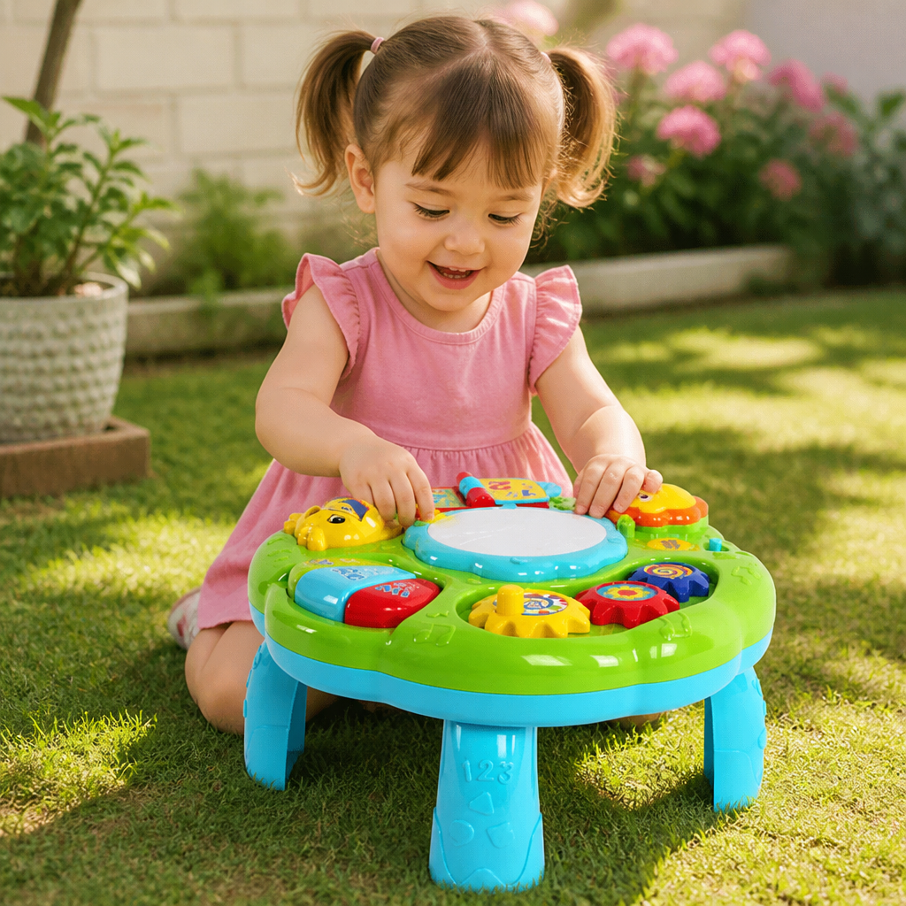 Baby Musik Aktivitätstisch mit Trommel, Tiergeräuschen und Zahnrädern für Kleinkinder, fördert Motorik.