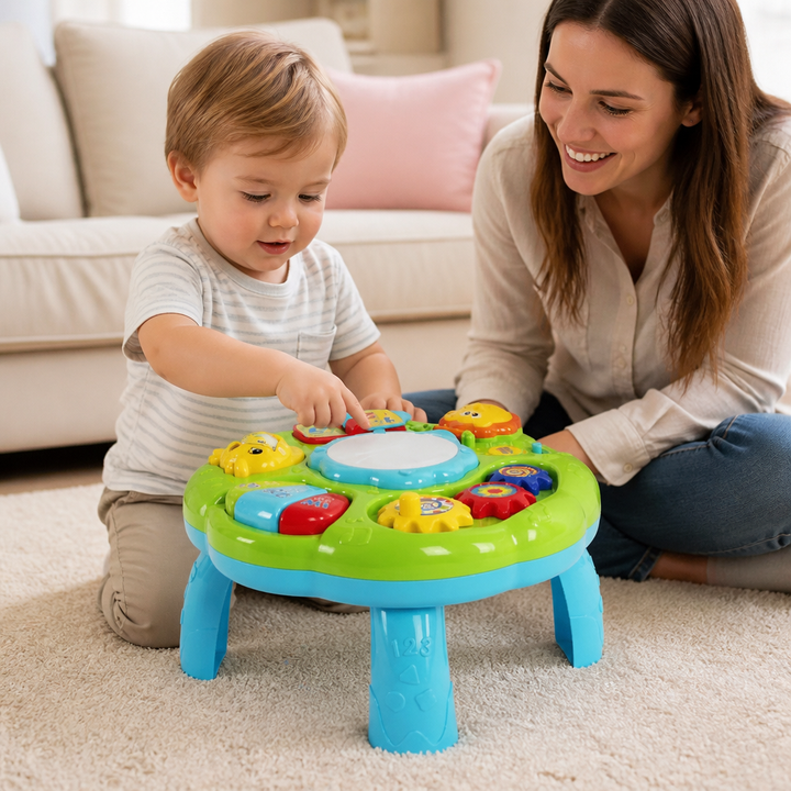 Interaktiver Baby Musik Aktivitätstisch mit bunten Tasten, Trommel und Tiergeräuschen für sensorisches Lernen.