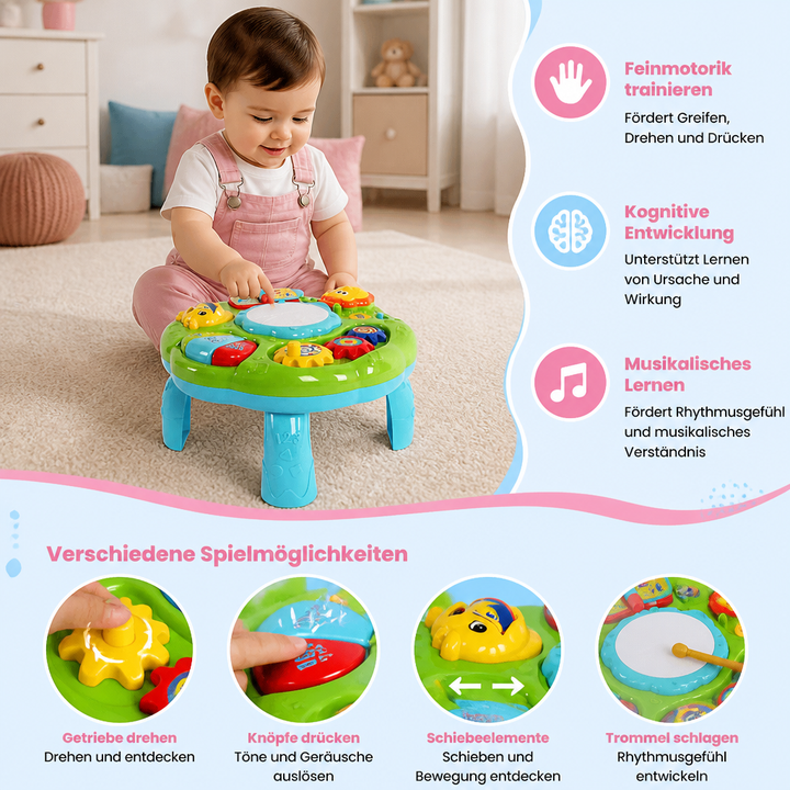 Lernspielzeug Aktivitätstisch für Babys, fördert frühes Lernen, Motorik und sensorische Entwicklung bei Kleinkindern.
