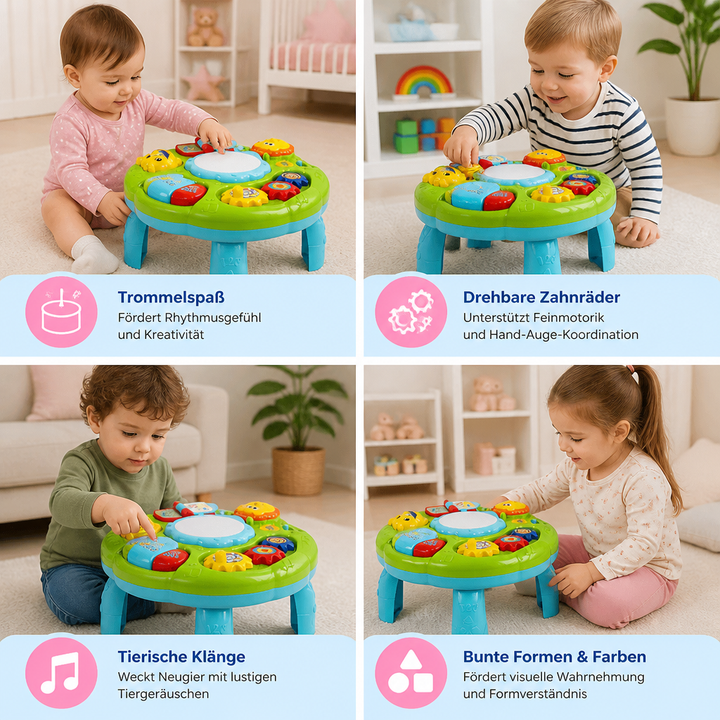 Detailansicht des Baby Lernspielzeugs: Zahnräder, bunte Tasten und interaktive Elemente am Musik Aktivitätstisch.
