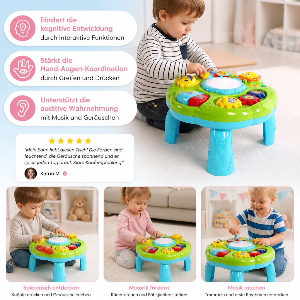 Bunter Baby Aktivitätstisch mit Musik, Lichteffekten und verschiedenen Spielbereichen für Kleinkinder, fördert die Sinne.