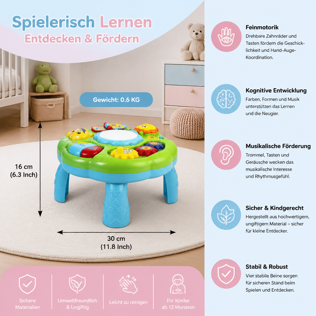 Pädagogischer Baby Musik Aktivitätstisch, vielseitiges Lernspielzeug mit Trommel, Tierlauten und Motorik-Elementen.