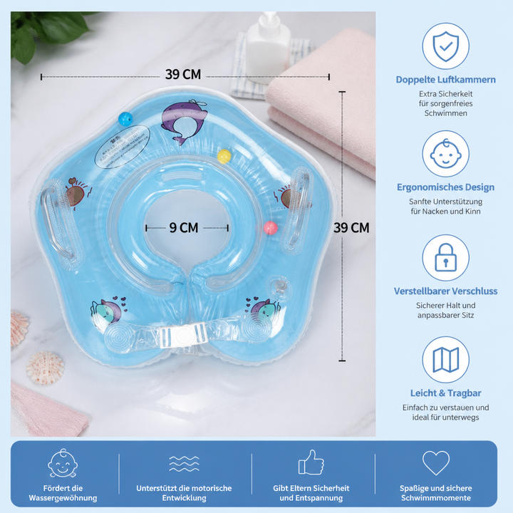 Sicherer Babyschwimmring mit Doppelkammer-Schutz, perfekt für Babys und Kleinkinder im Wasser von 0-3 Jahren.