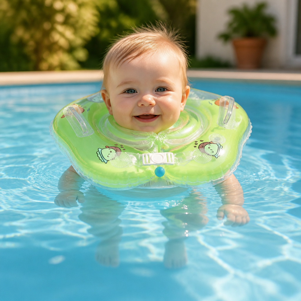 Orangener Nackenschwimmring für Babys (0-3 Jahre), bietet sicheren Halt & Schwimmspaß im Pool oder Badewanne.
