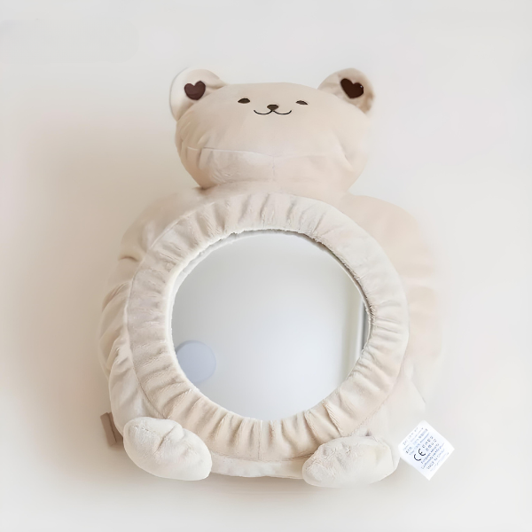 Sicherheits-Rücksitzspiegel mit Bären-Design für Babys. Überwachen Sie Ihr Kind bequem von vorne im PKW.