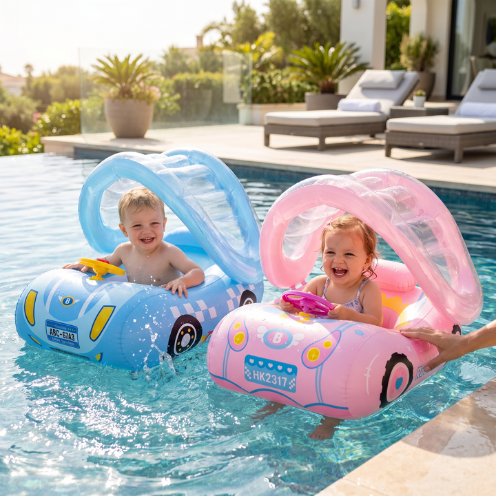 Baby Schwimmring Auto mit Sonnendach. Sicheres, aufblasbares Wasserspielzeug für Kleinkinder & Badespaß im Pool.
