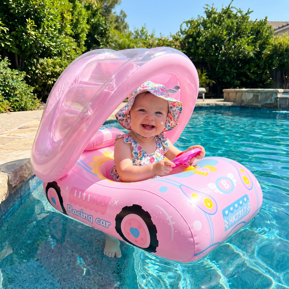 Fröhliches Baby genießt sicheren Badespaß im aufblasbaren Schwimmring Auto mit Sonnenschutz im Pool.