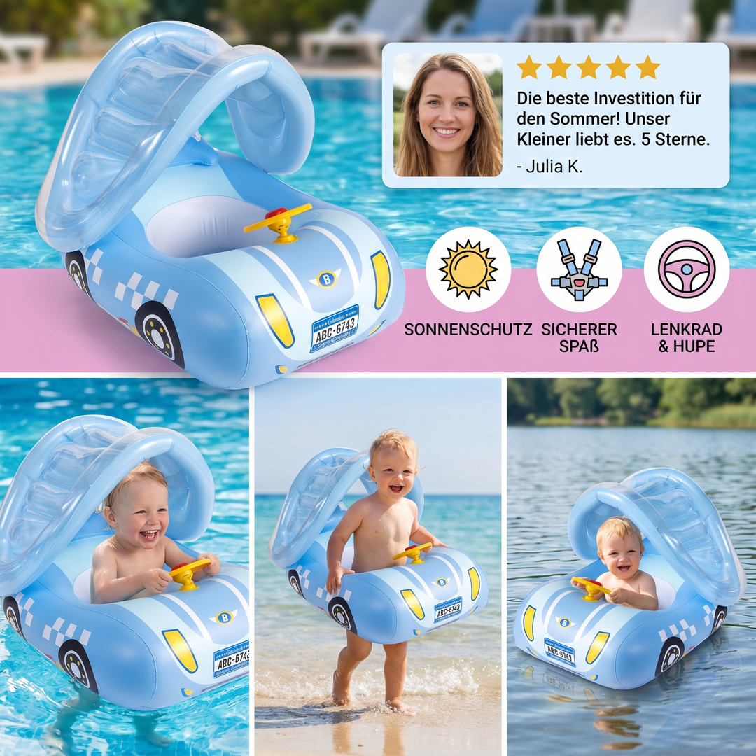 Baby Schwimmring Auto mit UV-Sonnendach für optimalen Schutz. Sicheres Kleinkind Wasserspielzeug im Sommer.