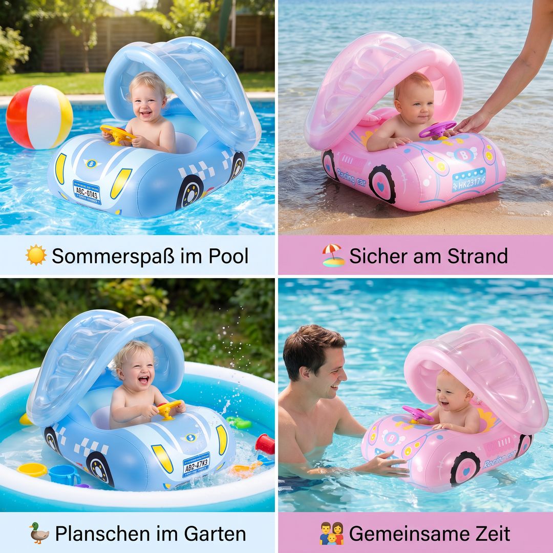 Detaillierter Blick auf den sicheren Baby Schwimmring Auto. Stabile Beinausschnitte für geschützten Badespaß.
