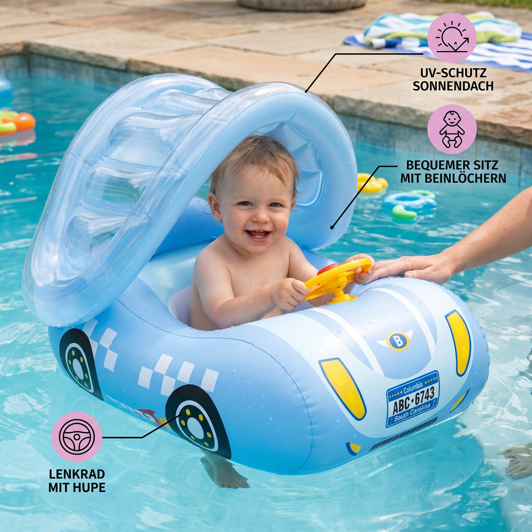 Niedlicher Baby Schwimmring Auto mit Lenkrad-Design. Aufblasbares Wasserspielzeug für interaktiven Badespaß.
