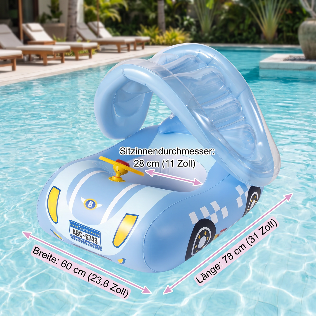 Baby Schwimmring Auto mit Sonnendach schwimmt im Pool. Ideal für sicheren, fröhlichen Badespaß von Kleinkindern.