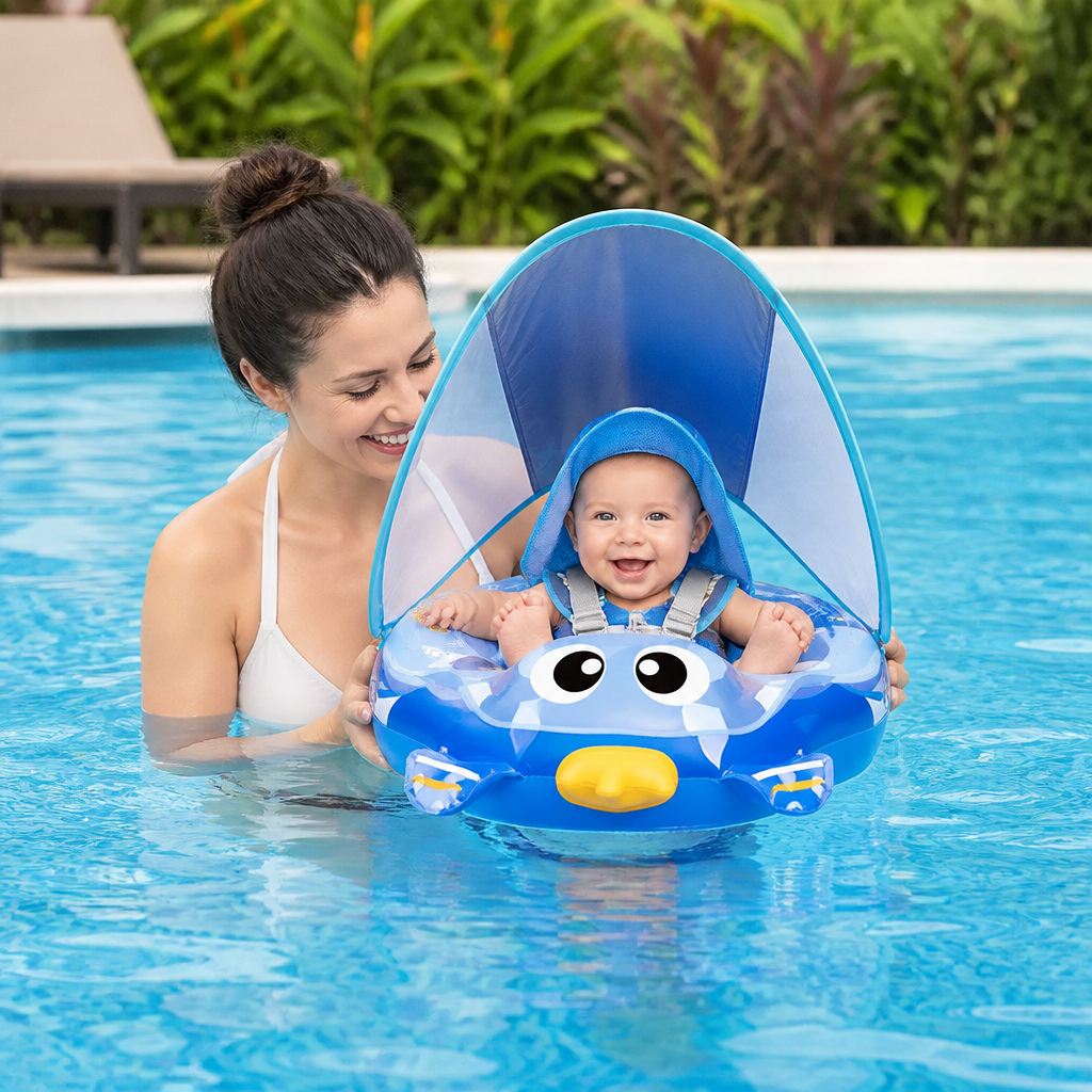 Baby-Schwimmring mit sicheren Schultergurten und Sonnendach für UV-Schutz. Ideal für sicheres Babyschwimmen & Badespaß.