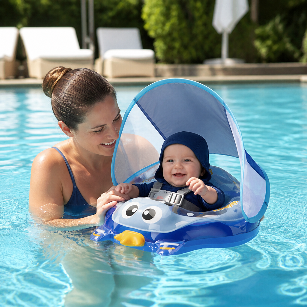 Bequemer Baby-Wasserschwimmring mit verstellbaren Schultergurten & abnehmbarem Sonnendach. Perfekte Schwimmhilfe für Kleinkinder.