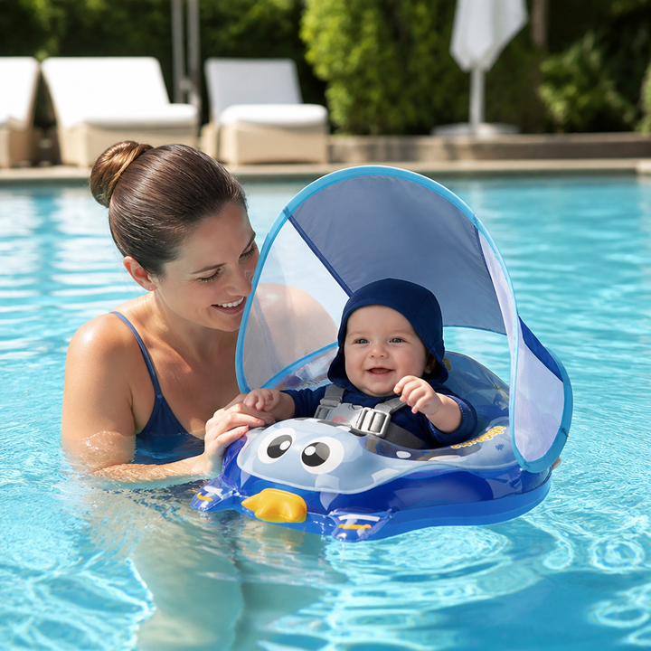 Bequemer Baby-Wasserschwimmring mit verstellbaren Schultergurten & abnehmbarem Sonnendach. Perfekte Schwimmhilfe für Kleinkinder.