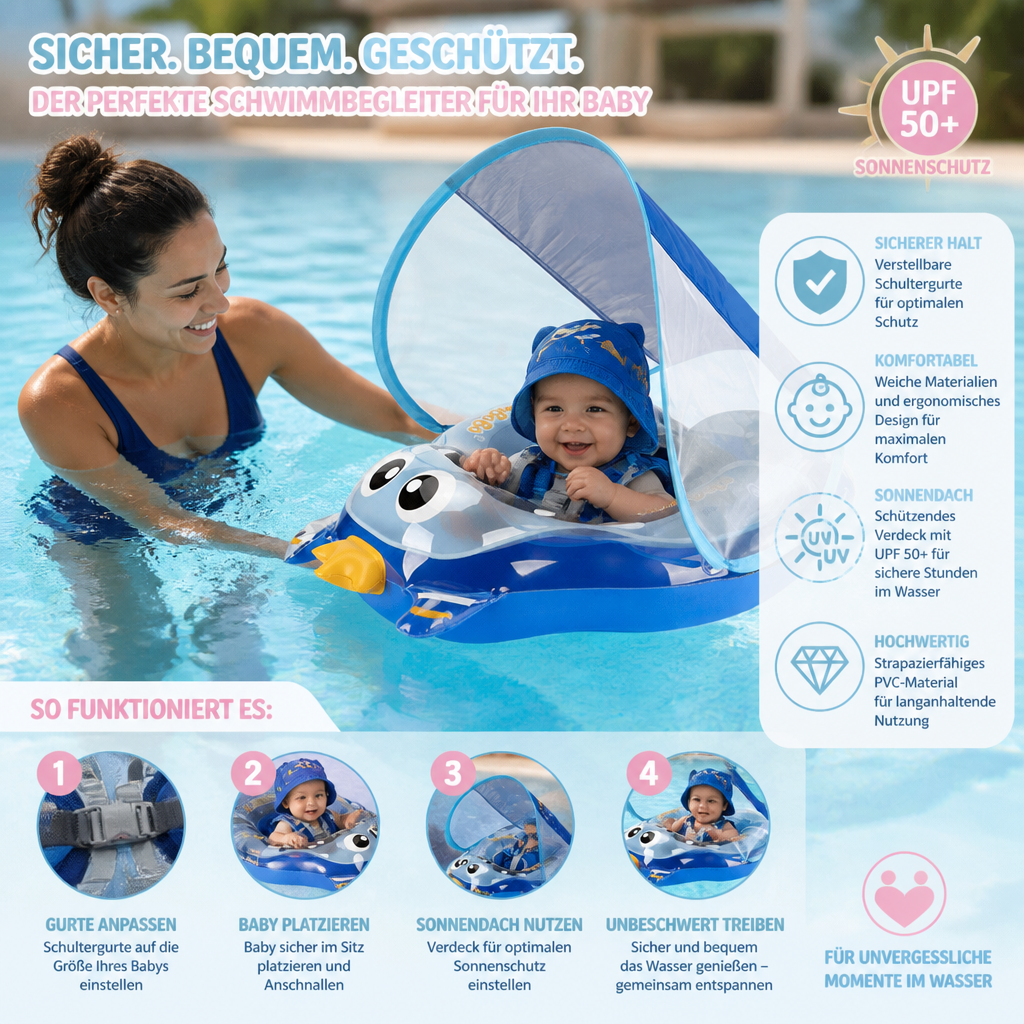 Sicherer Baby Schwimmring mit Gurt & Sonnendach, bietet UV-Schutz und Halt. Optimales Pool Spielzeug für Babys & Kinder.