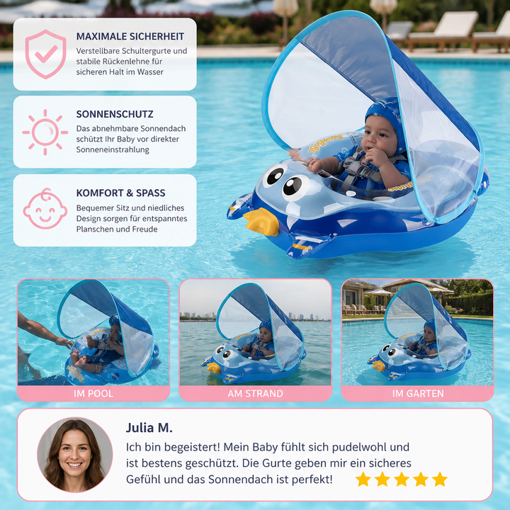 Fröhlicher Baby-Schwimmring mit stützenden Schultergurten für sicheren Halt. Integriertes Sonnendach schützt beim Babyschwimmen.