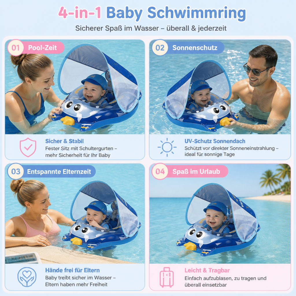 Babyschwimmring mit UV-Schutz Sonnendach & stabilen Gurten. Ermöglicht sicheren Wasserspaß für Babys im Sommer.