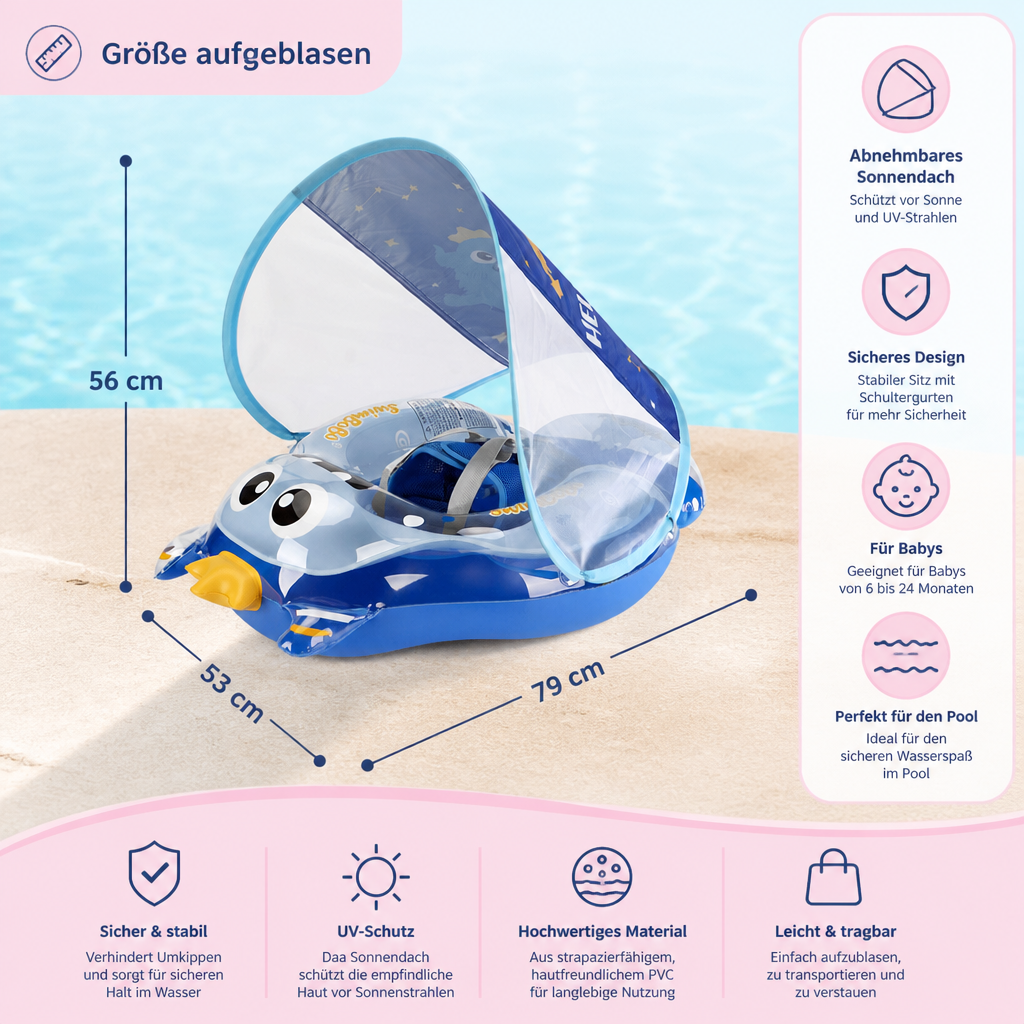 Hochwertiger Baby-Schwimmring Pool-Sitz mit ergonomischen Schultergurten & schützendem Sonnendach für Babyschwimmen.