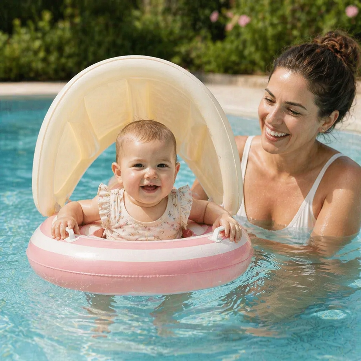 Baby-Schwimmring mit Sonnendach in leuchtendem Blau, ideal für sicheres Planschen im Sommerpool.