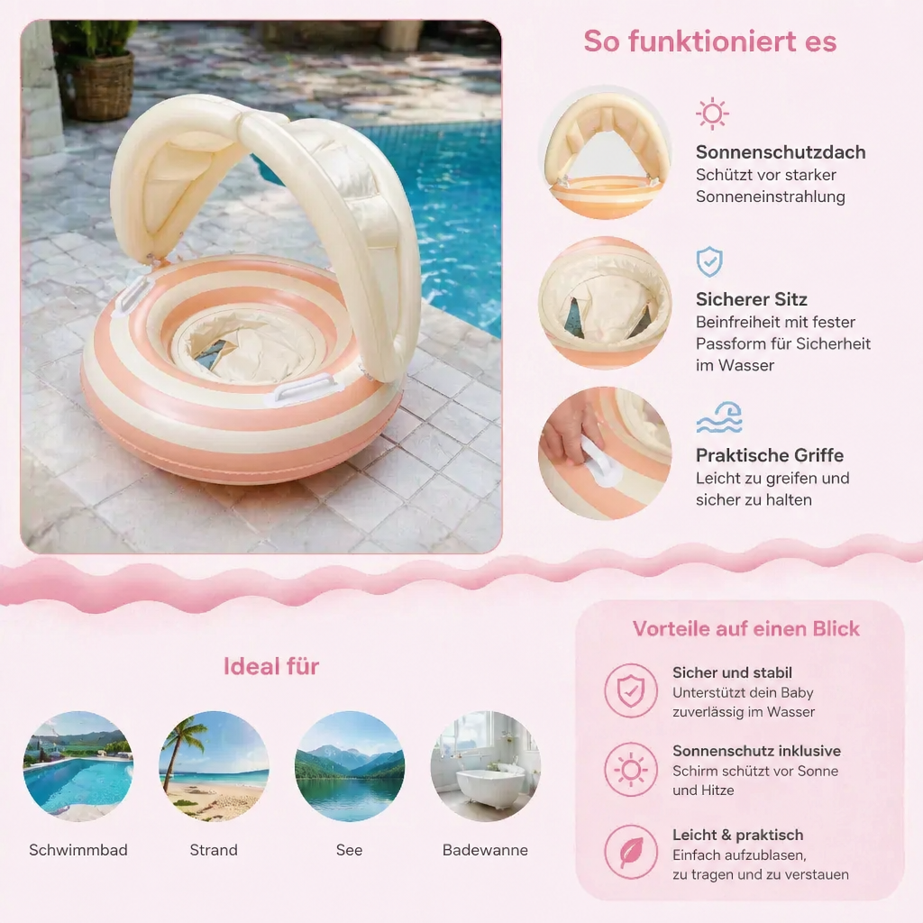 Sicherer Baby-Schwimmring für 6-36 Monate, mit UV-Schutz-Sonnendach und bequemer Sitzposition.