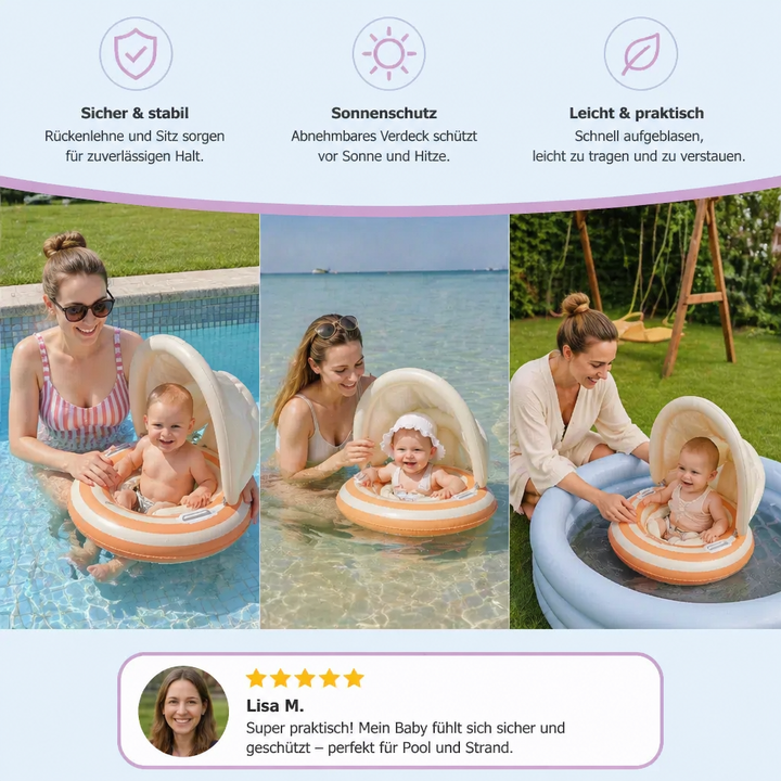 Baby-Schwimmhilfe mit abnehmbarem Sonnendach, perfekt für Babyschwimmen und die Wassergewöhnung.