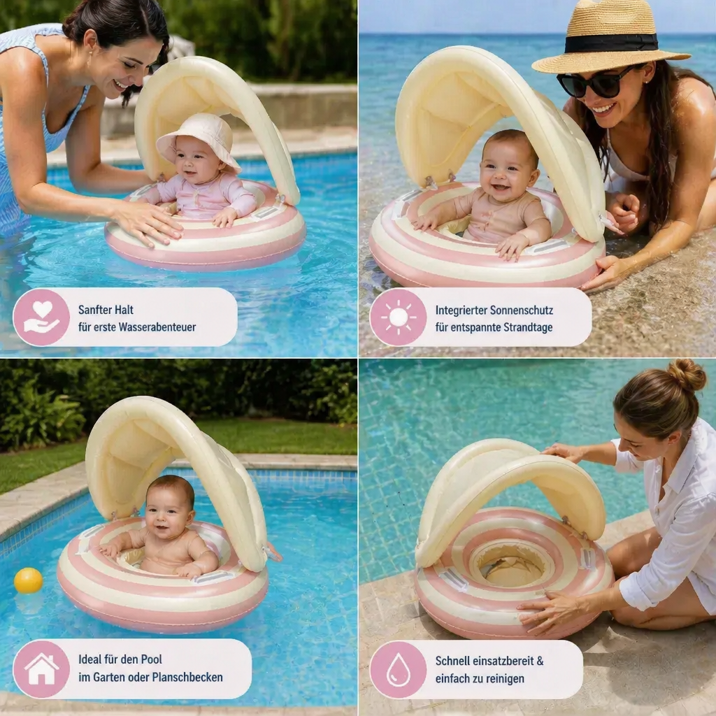 Komfortabler Baby-Schwimmring für Kinder, mit sicherer Lehne und praktischem Sonnenschutz.