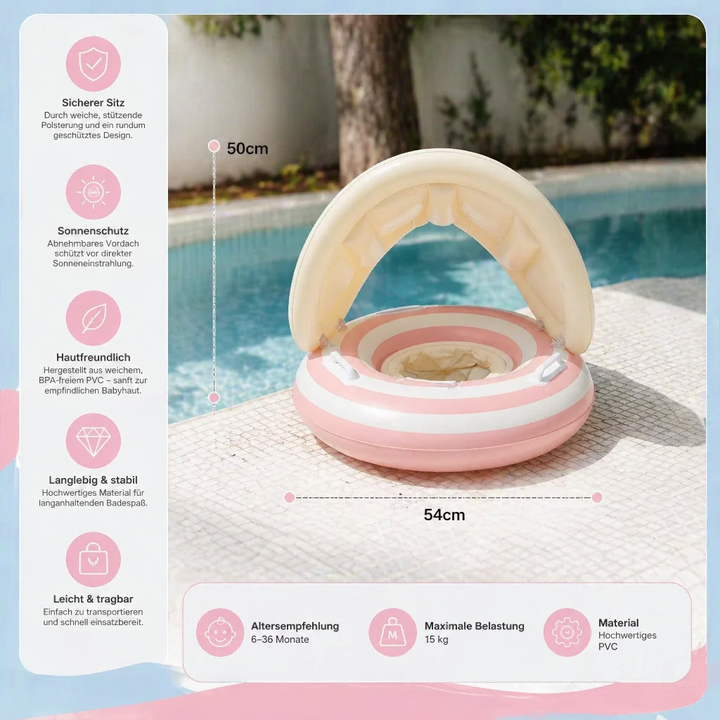 Reisefreundlicher Baby-Schwimmring für Babys & Kleinkinder, mit verstellbarem Sonnendach für Schutz im Wasser.