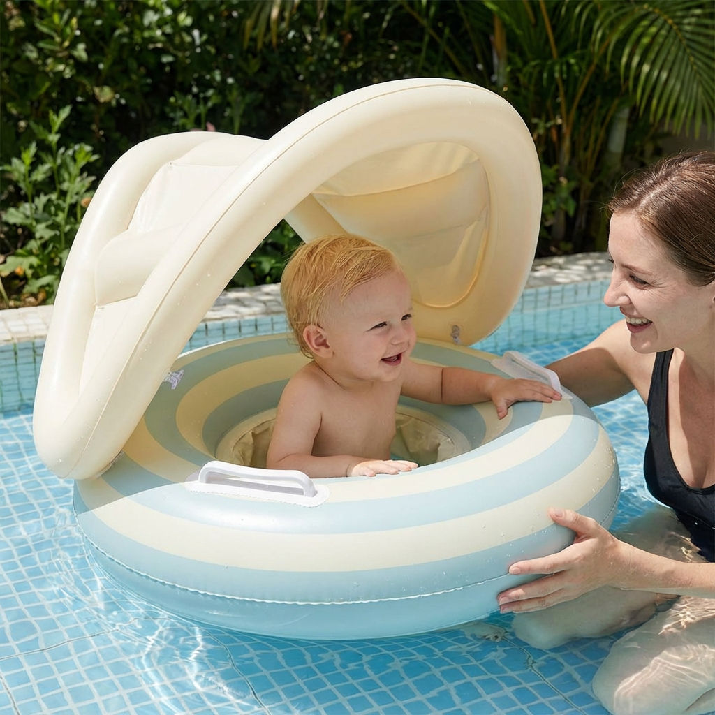Schwimmring für Babys, mit robustem Sonnendach und Sicherheitsgurt, für unbeschwertes Badevergnügen.