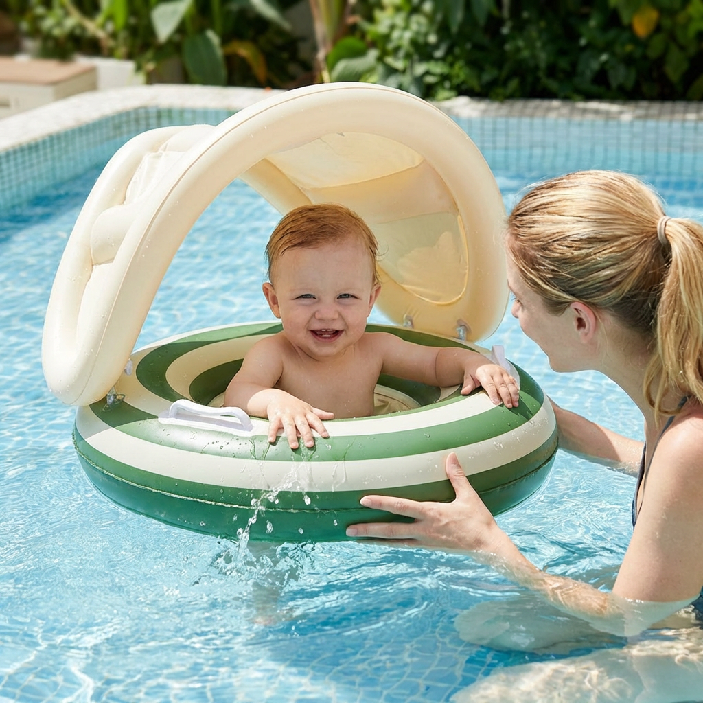 Hochwertiger Baby-Schwimmring als Schwimmhilfe mit verstellbarem Sonnendach für besten Komfort und Schutz.