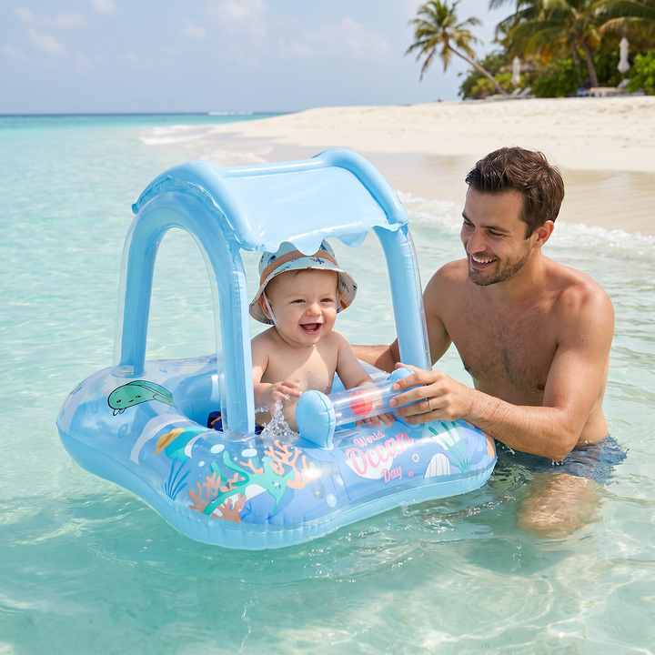 Baby Schwimmring mit Sonnendach, Ozean-Motiv & Sicherheitsgurten für sicheren Badespaß im Pool.