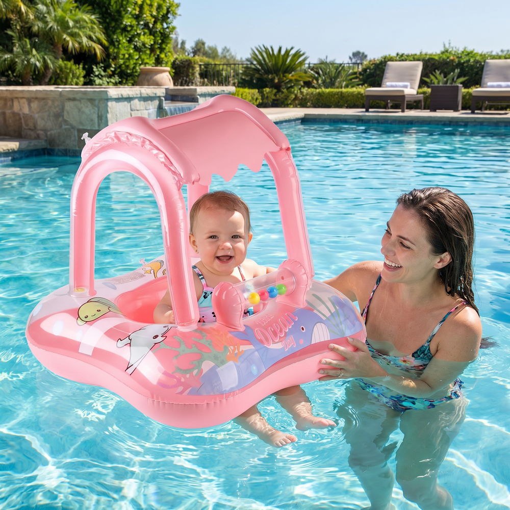 Fröhlicher Baby Pool Float mit abnehmbarem Sonnenschutz & maritimem Ozean-Design. Perfekt für den Sommer.