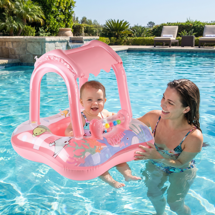 Fröhlicher Baby Pool Float mit abnehmbarem Sonnenschutz & maritimem Ozean-Design. Perfekt für den Sommer.