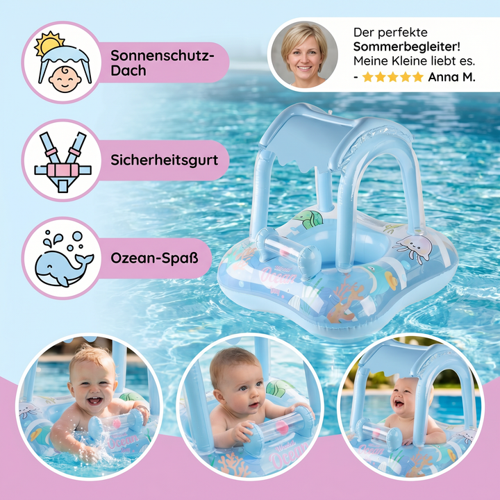 Kleinkind genießt sicheren Badespaß im Baby Schwimmring mit UV-Sonnendach & lustigem Ozean-Muster.