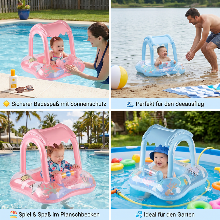 Ergonomischer Baby Pool Float mit Sonnendach & Ozean-Druck unterstützt sicheres Schwimmenlernen im Wasser.
