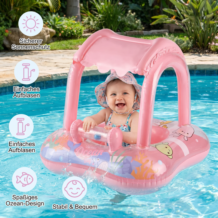 Aufblasbarer Baby Schwimmring mit integriertem Sonnenschutz, Ozean-Motiv & bequemen Sitz für Kleinkinder.